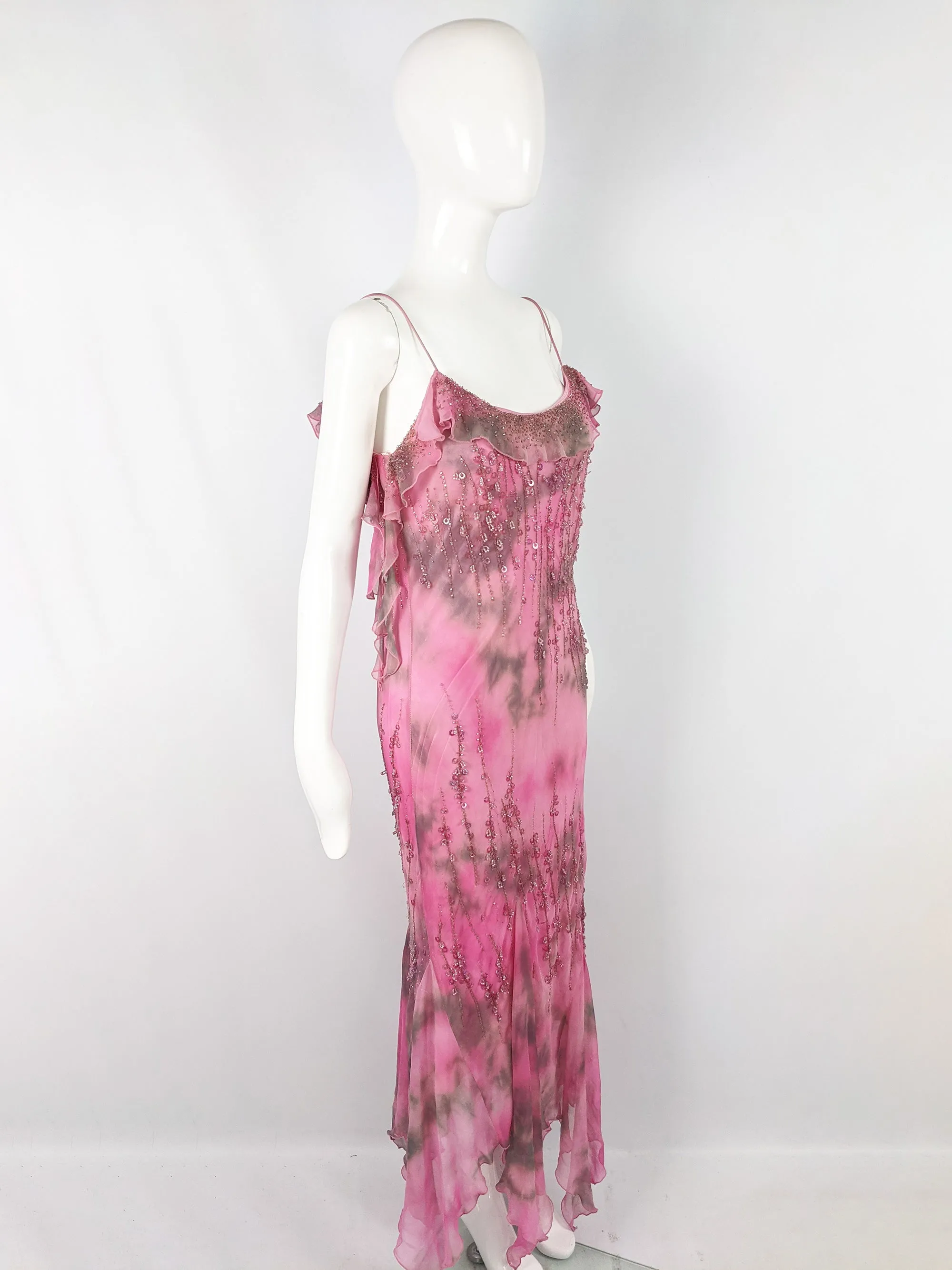 Vintage Pink Silk Beaded Ruffled Tie Dye Slip Dress, 1990s