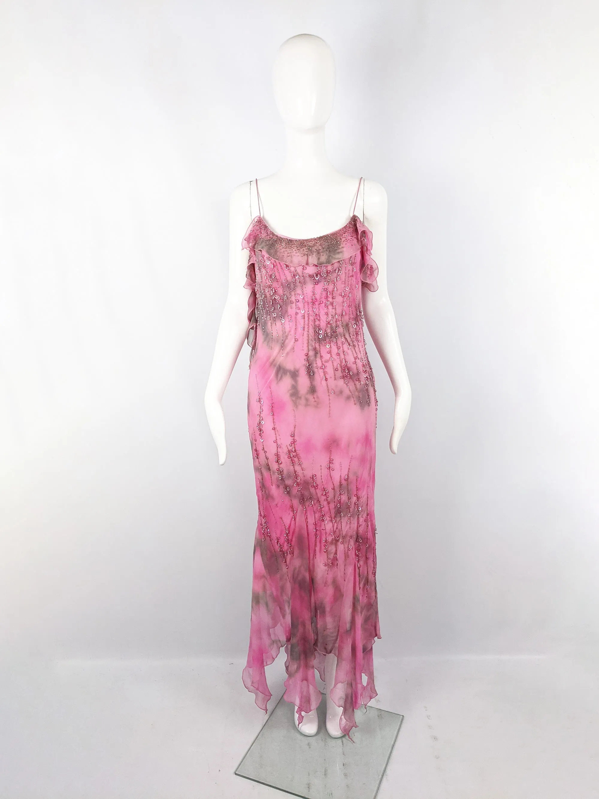 Vintage Pink Silk Beaded Ruffled Tie Dye Slip Dress, 1990s