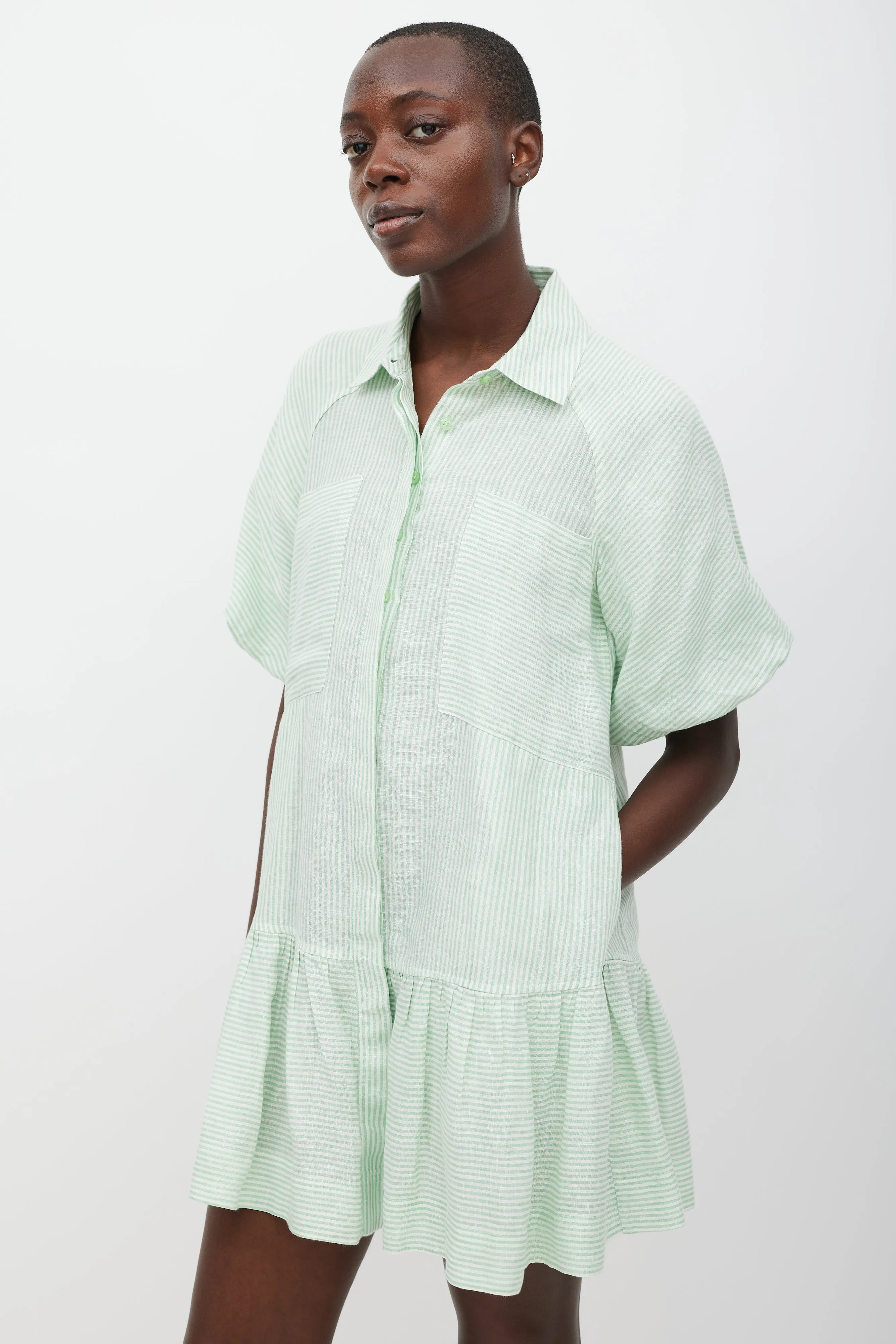 White & Green Striped Shirt Dress