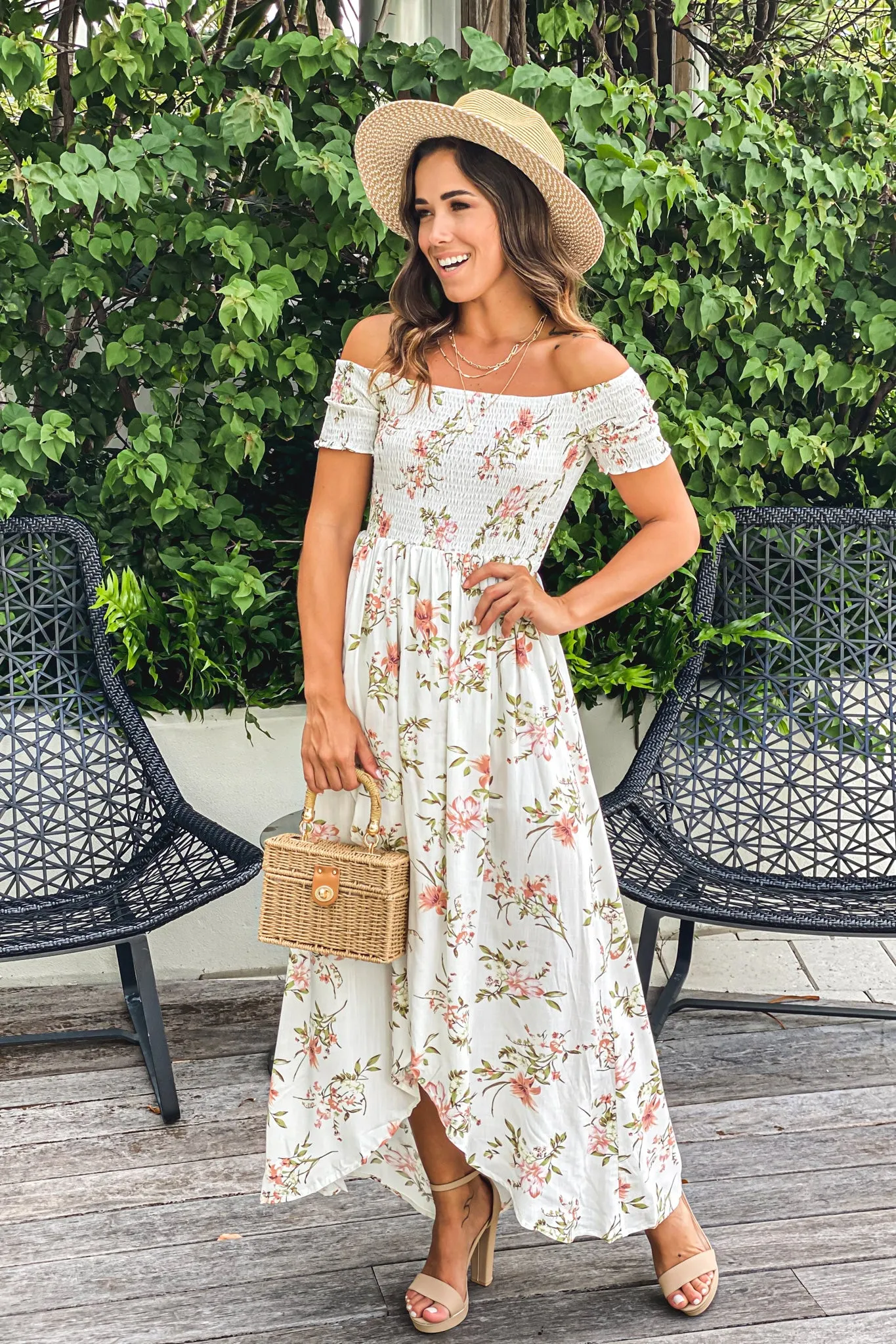 White Floral Smocked Top Off Shoulder High Low Dress