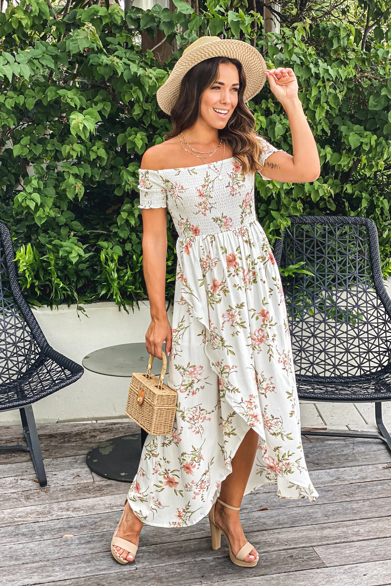 White Floral Smocked Top Off Shoulder High Low Dress