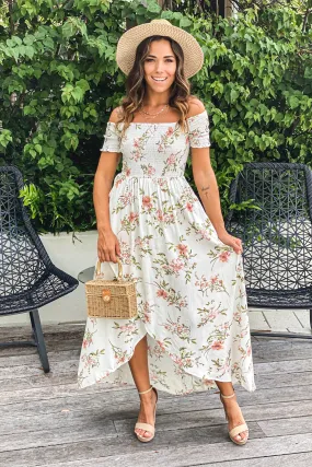 White Floral Smocked Top Off Shoulder High Low Dress