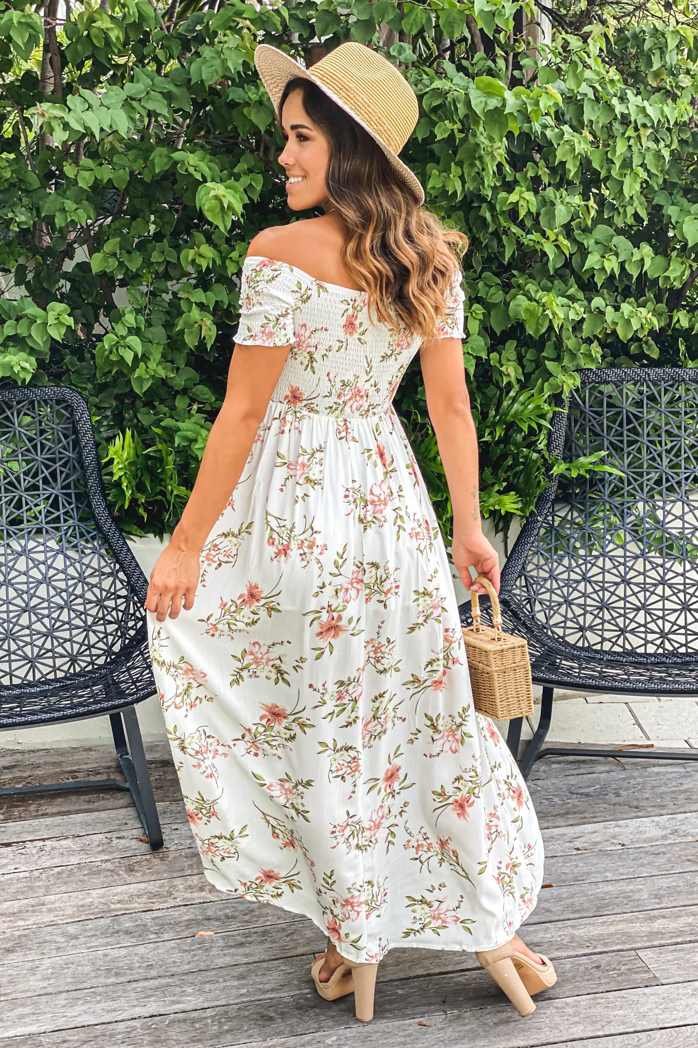 White Floral Smocked Top Off Shoulder High Low Dress