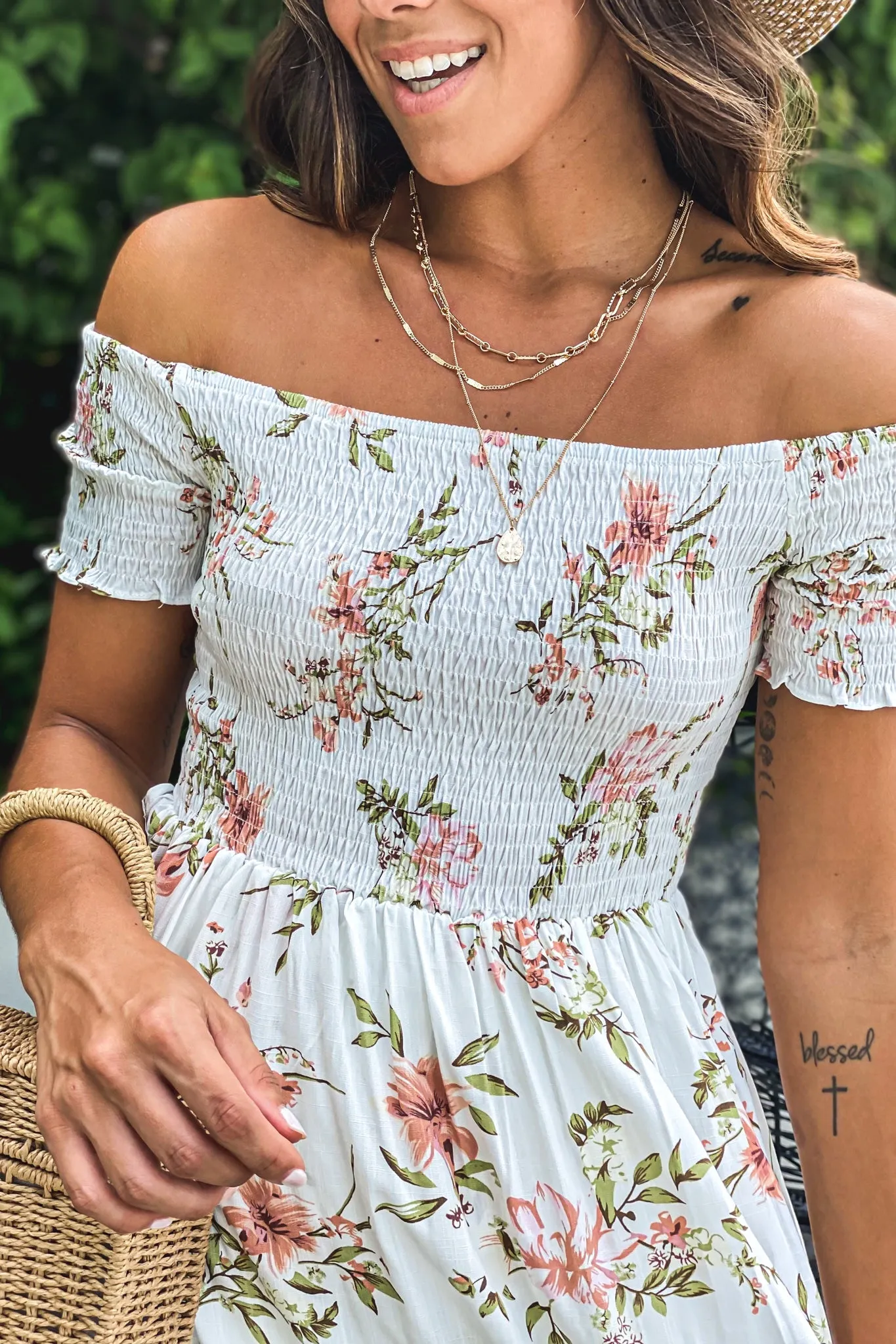 White Floral Smocked Top Off Shoulder High Low Dress