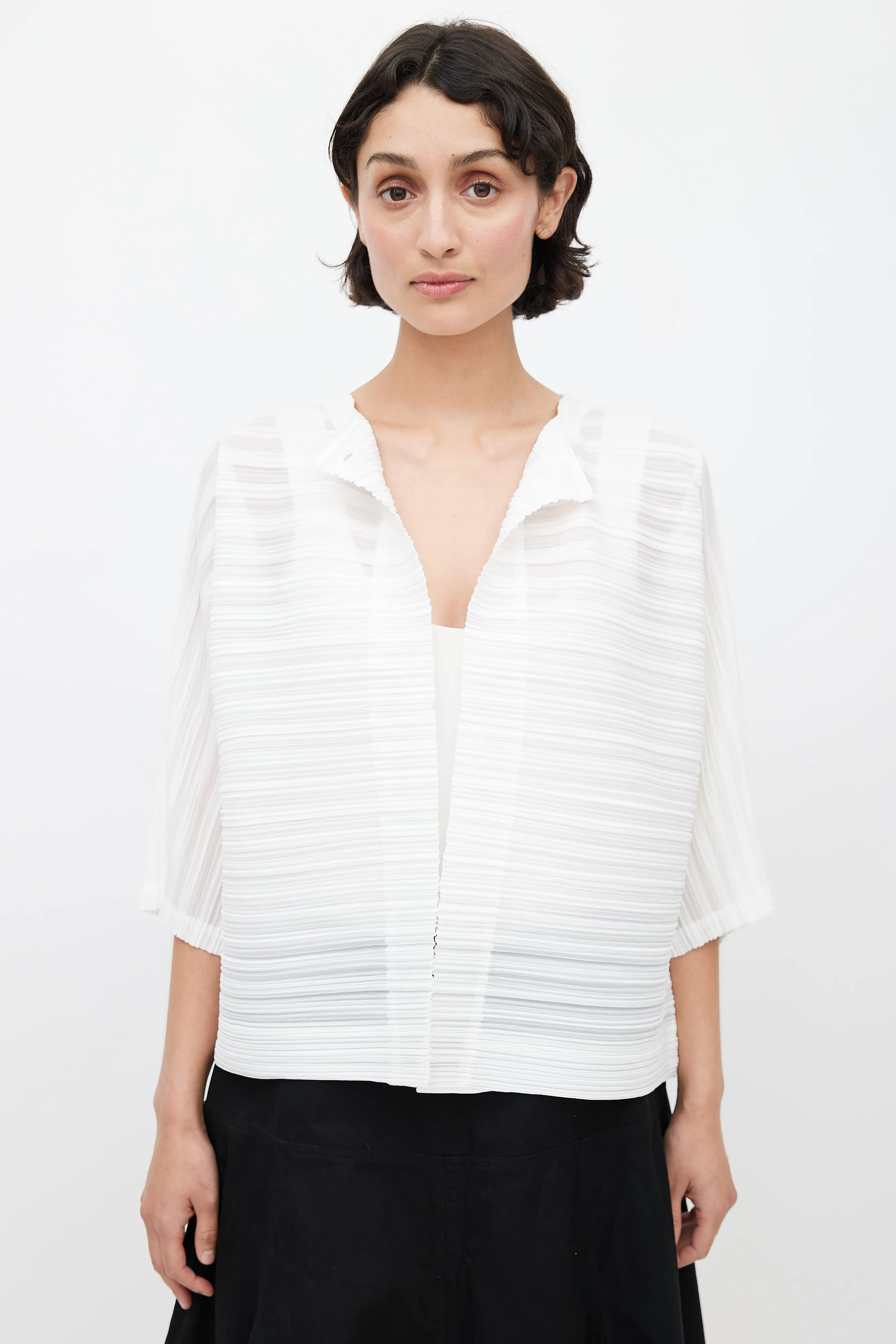 White Pleated Cardigan Top