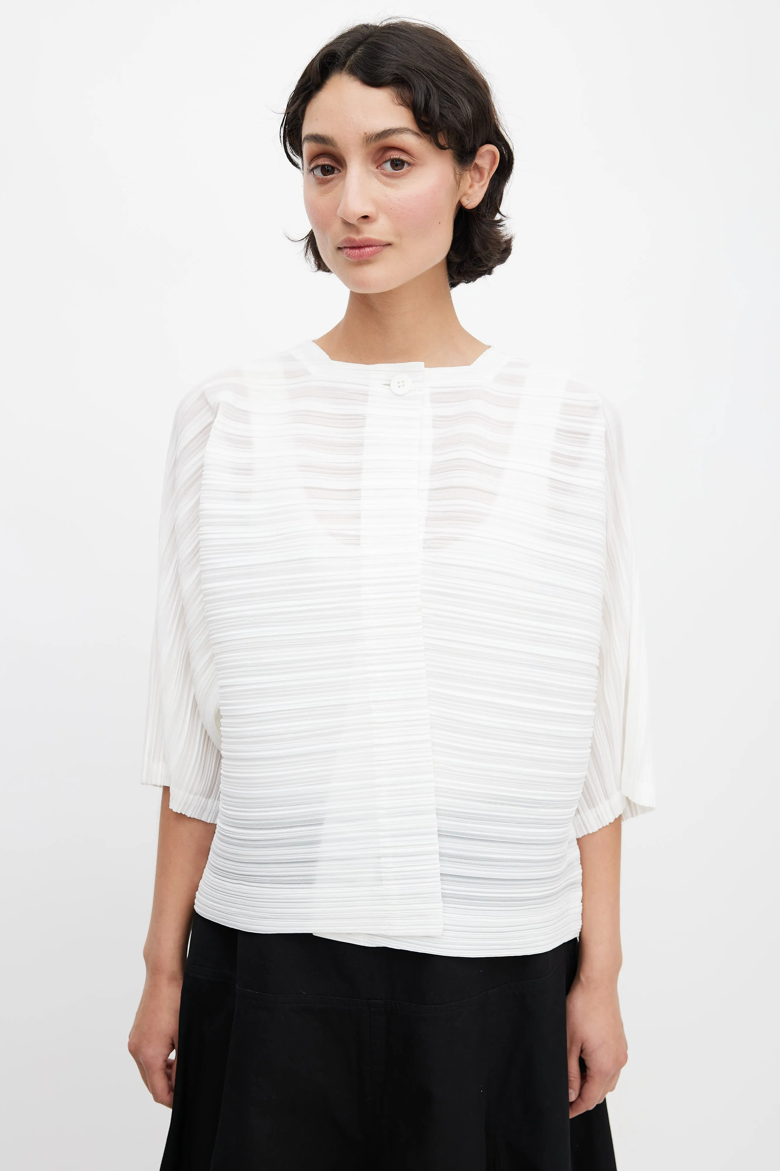 White Pleated Cardigan Top