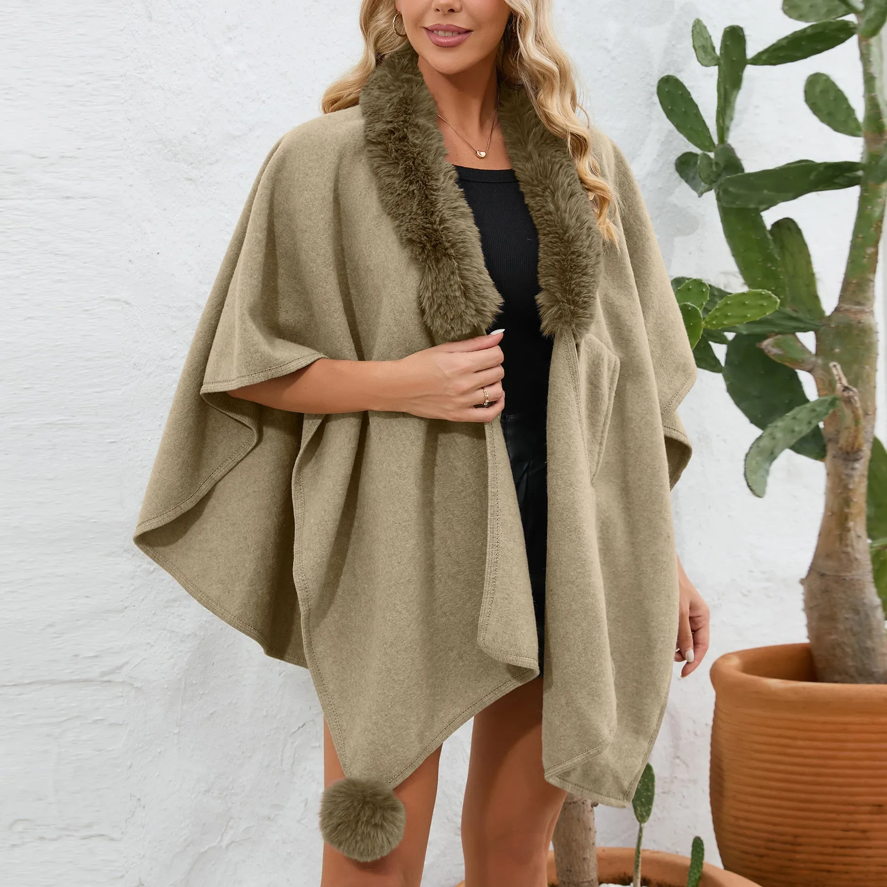 Winter Cozy Fur Trim Cape Shawl | Cape Poncho | Fur Collar Cardigan | Winter Wrap Cape Coat