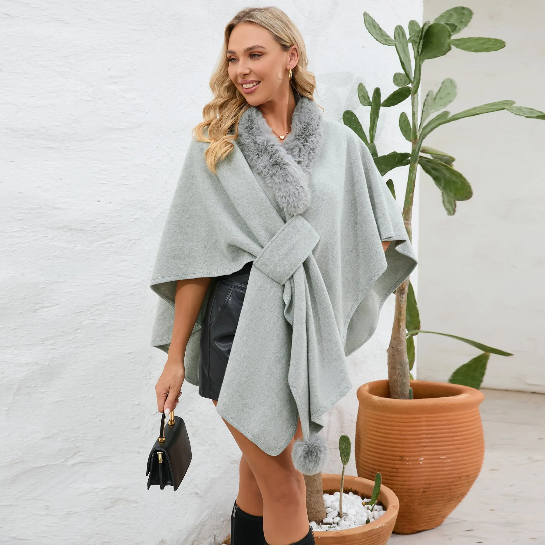 Winter Cozy Fur Trim Cape Shawl | Cape Poncho | Fur Collar Cardigan | Winter Wrap Cape Coat