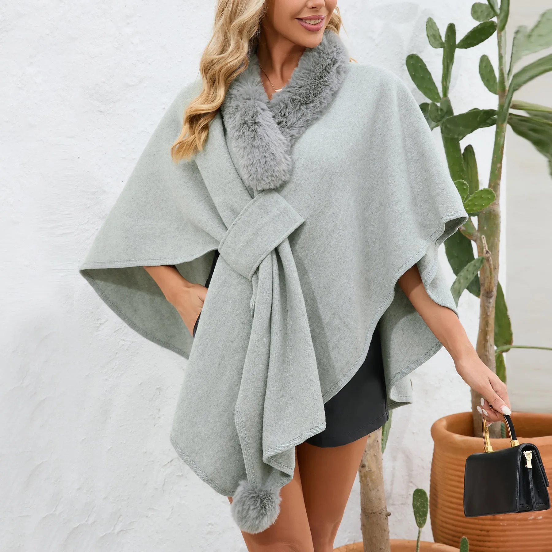 Winter Cozy Fur Trim Cape Shawl | Cape Poncho | Fur Collar Cardigan | Winter Wrap Cape Coat