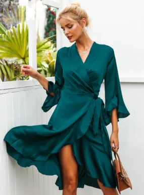 Women Satin Solid Dress Ruffle Flare Sleeve Sash Wrap