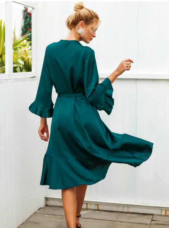 Women Satin Solid Dress Ruffle Flare Sleeve Sash Wrap