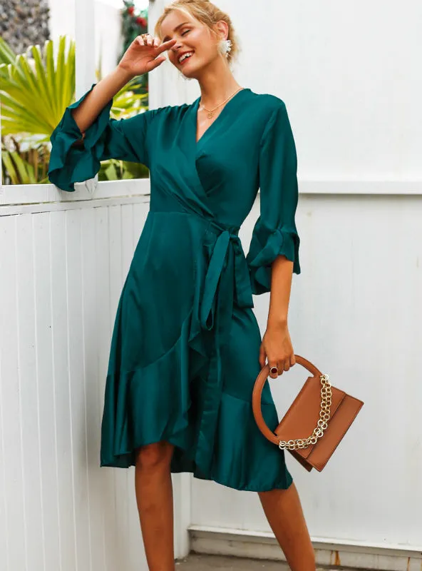 Women Satin Solid Dress Ruffle Flare Sleeve Sash Wrap