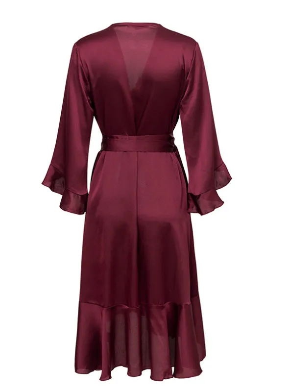 Women Satin Solid Dress Ruffle Flare Sleeve Sash Wrap