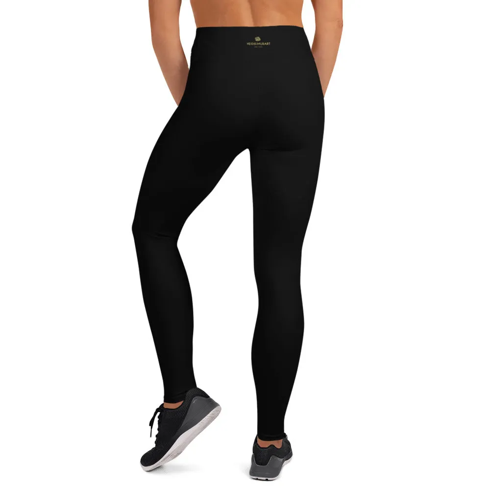 Women's Black Yoga Leggings, Solid Color Ladies' Long Workout Gym Tights-Made in USA/EU/MX