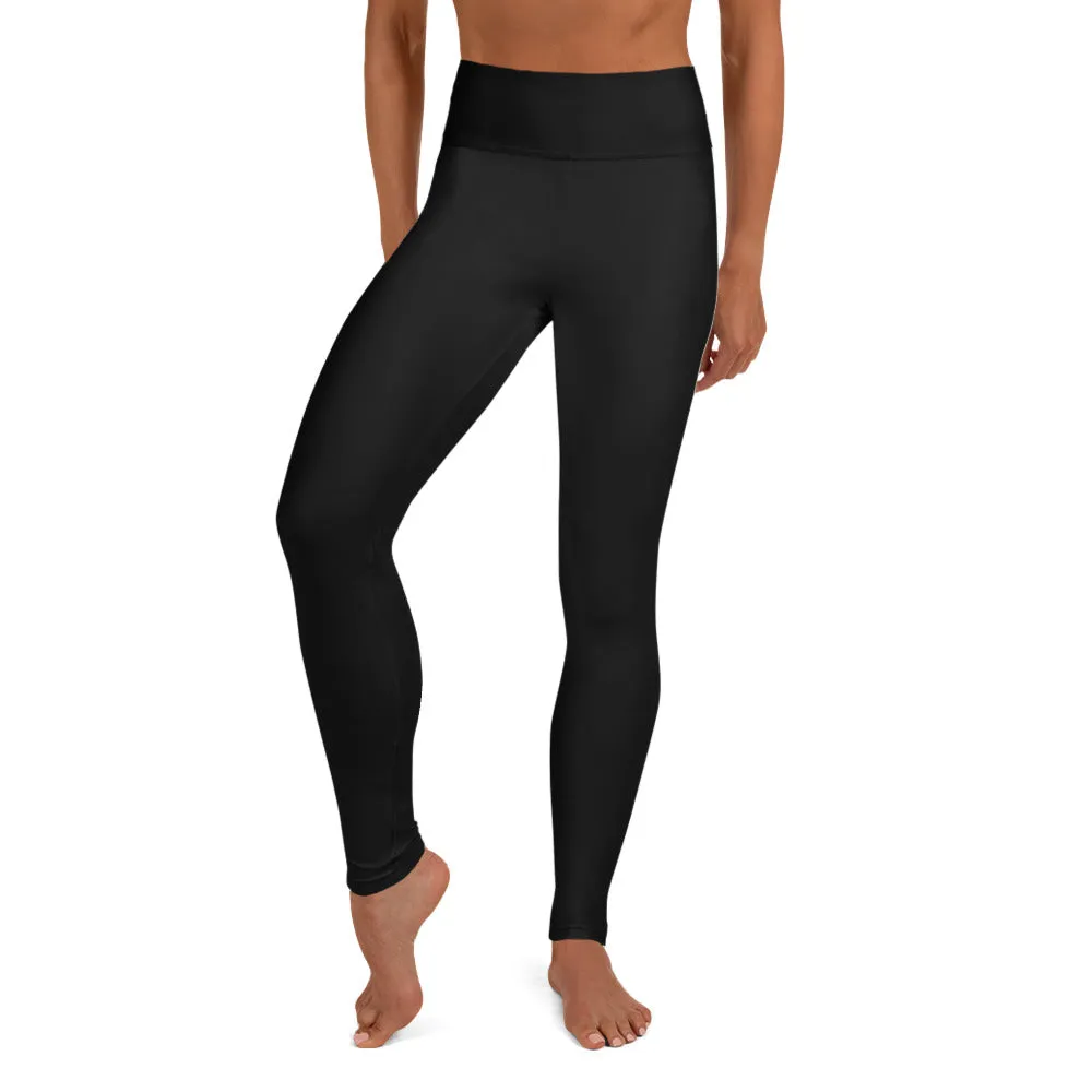 Women's Black Yoga Leggings, Solid Color Ladies' Long Workout Gym Tights-Made in USA/EU/MX