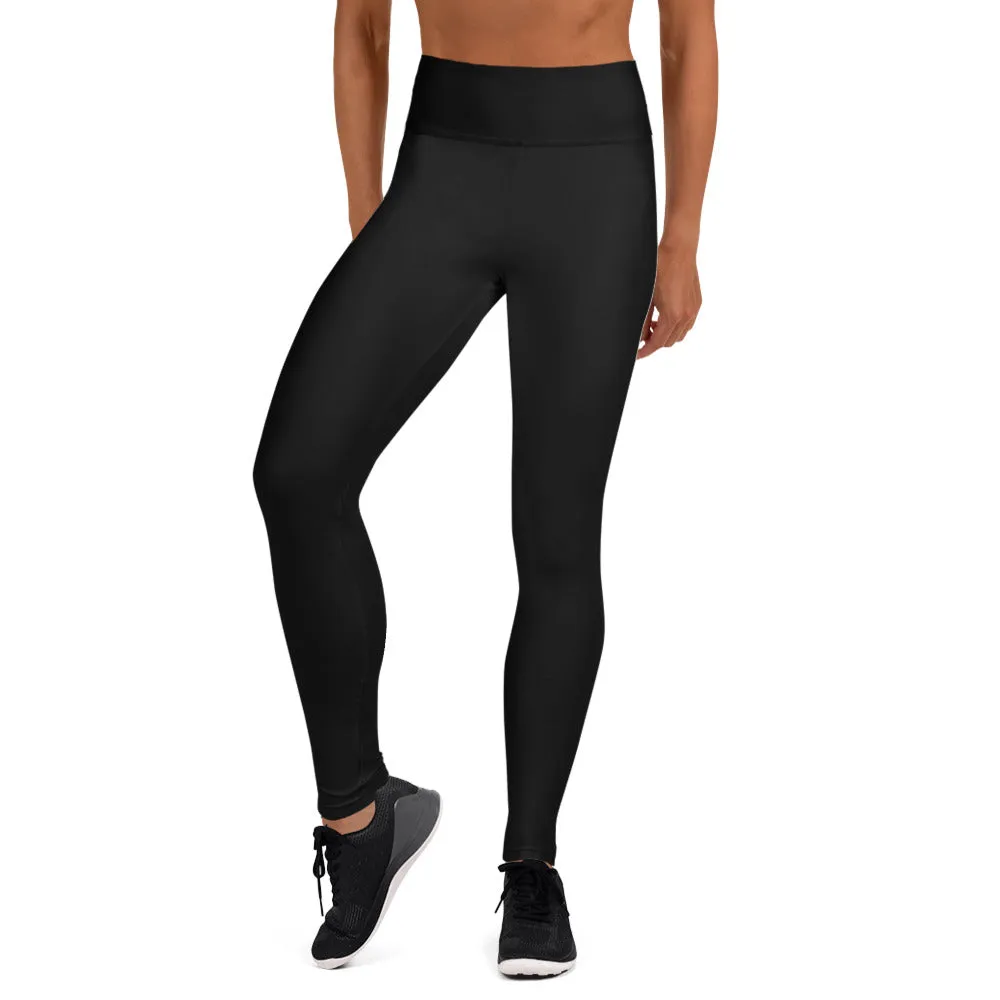 Women's Black Yoga Leggings, Solid Color Ladies' Long Workout Gym Tights-Made in USA/EU/MX