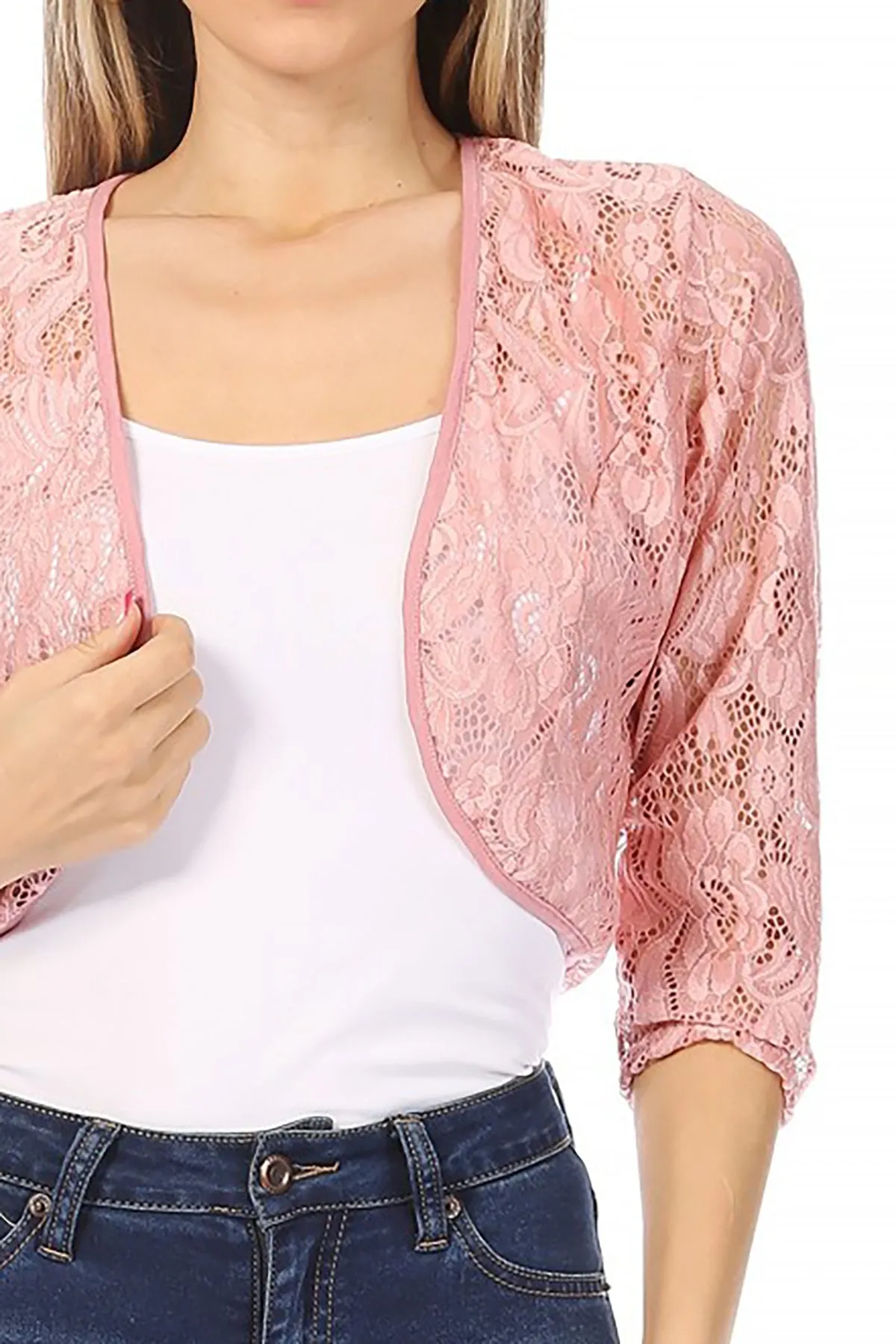 Women's Casual Lace Bolero Crochet Open Cardigan 3/4 Sleeve Sheer Cover Up Jacket