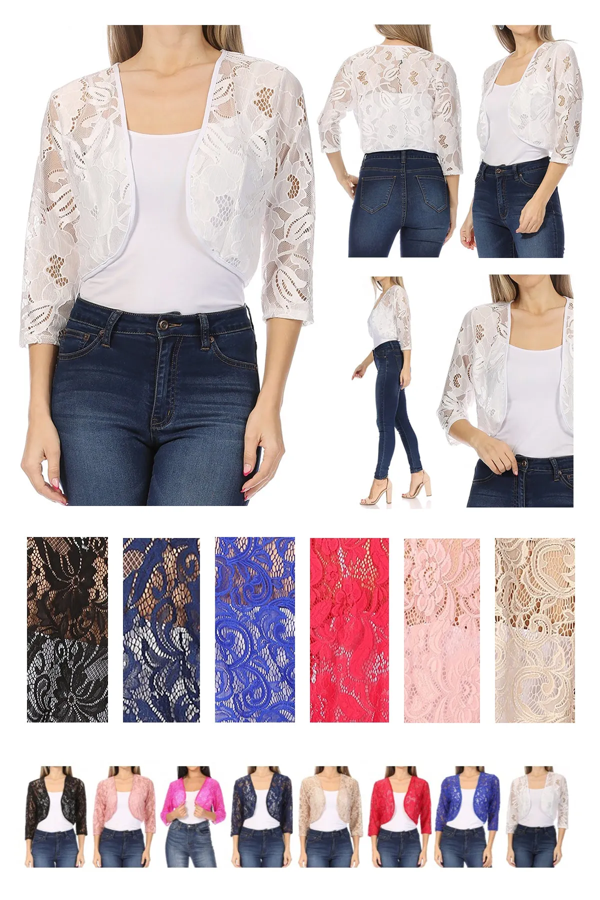 Women's Casual Lace Bolero Crochet Open Cardigan 3/4 Sleeve Sheer Cover Up Jacket