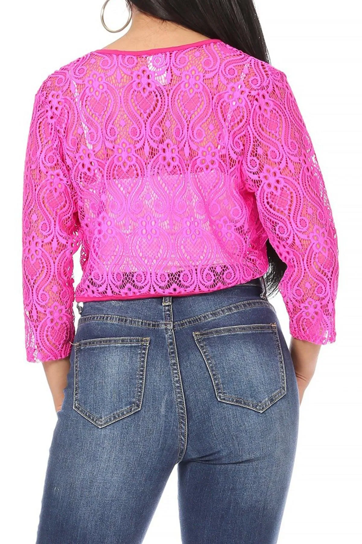 Women's Casual Lace Bolero Crochet Open Cardigan 3/4 Sleeve Sheer Cover Up Jacket