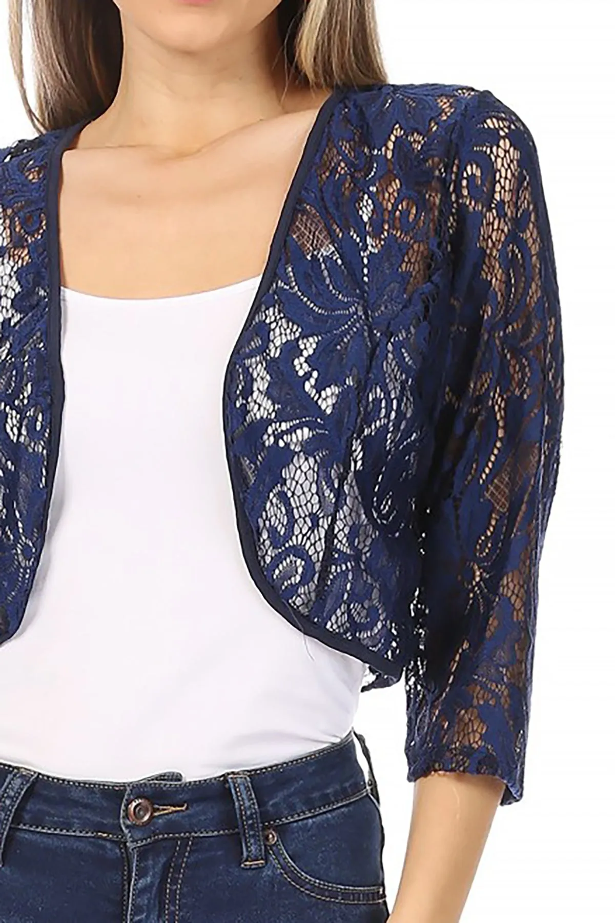 Women's Casual Lace Bolero Crochet Open Cardigan 3/4 Sleeve Sheer Cover Up Jacket