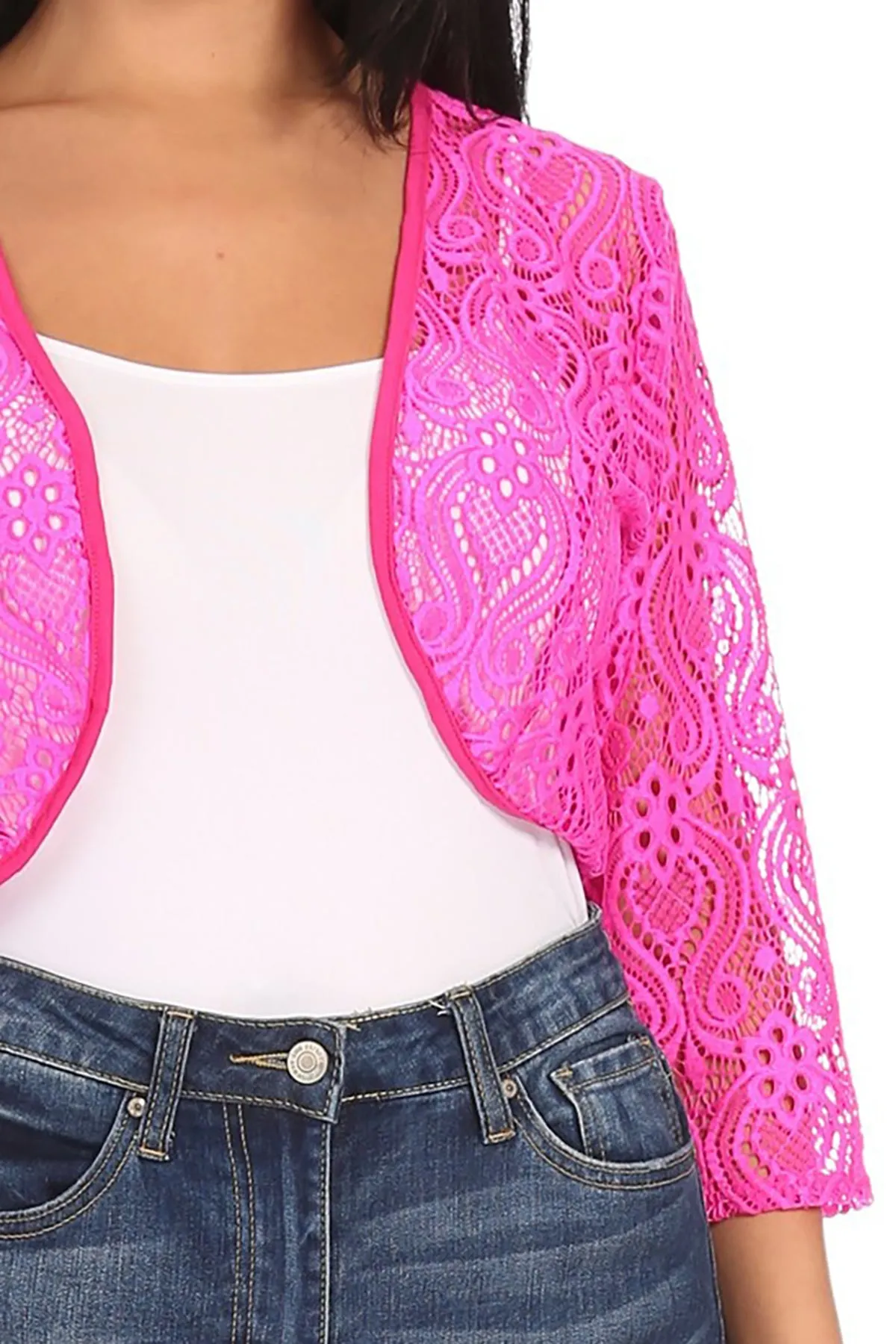 Women's Casual Lace Bolero Crochet Open Cardigan 3/4 Sleeve Sheer Cover Up Jacket