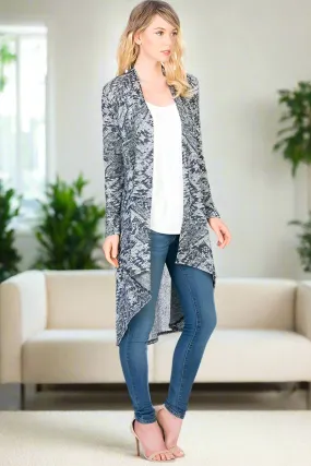 Womens Gray Aztec Long Cardigan, Bohemian High-Low Duster, Sizes S/M/L, Gray/White