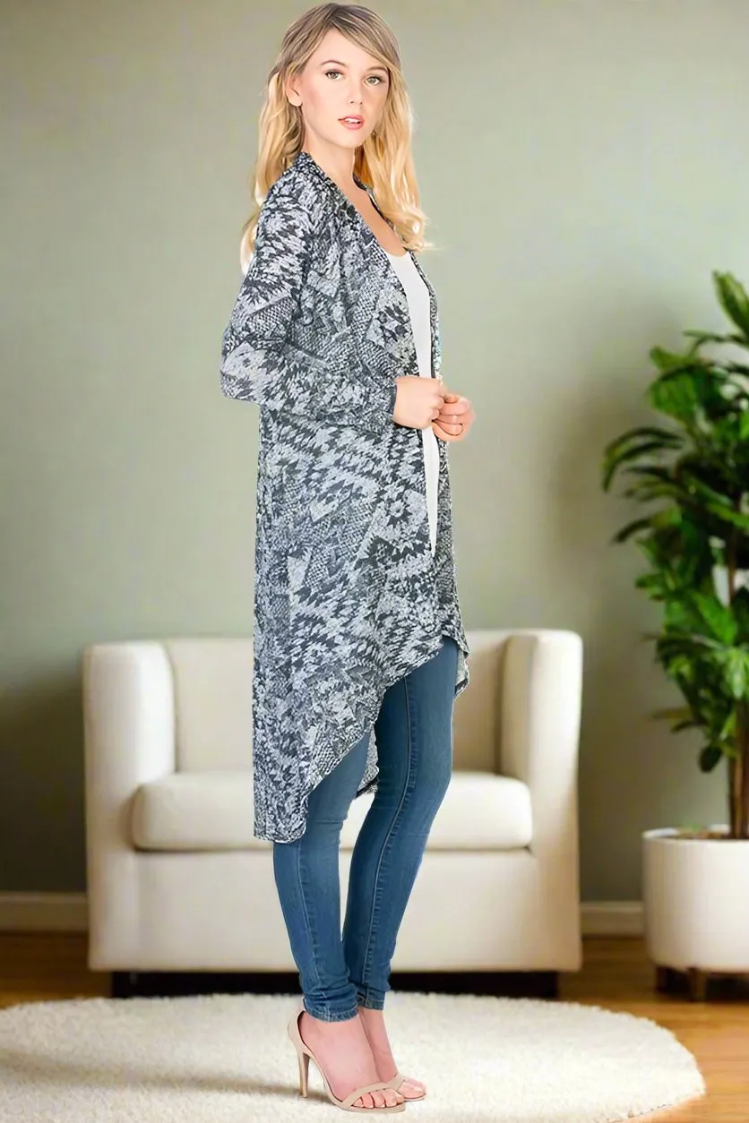 Womens Gray Aztec Long Cardigan, Bohemian High-Low Duster, Sizes S/M/L, Gray/White