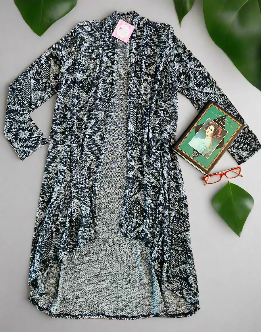 Womens Gray Aztec Long Cardigan, Bohemian High-Low Duster, Sizes S/M/L, Gray/White