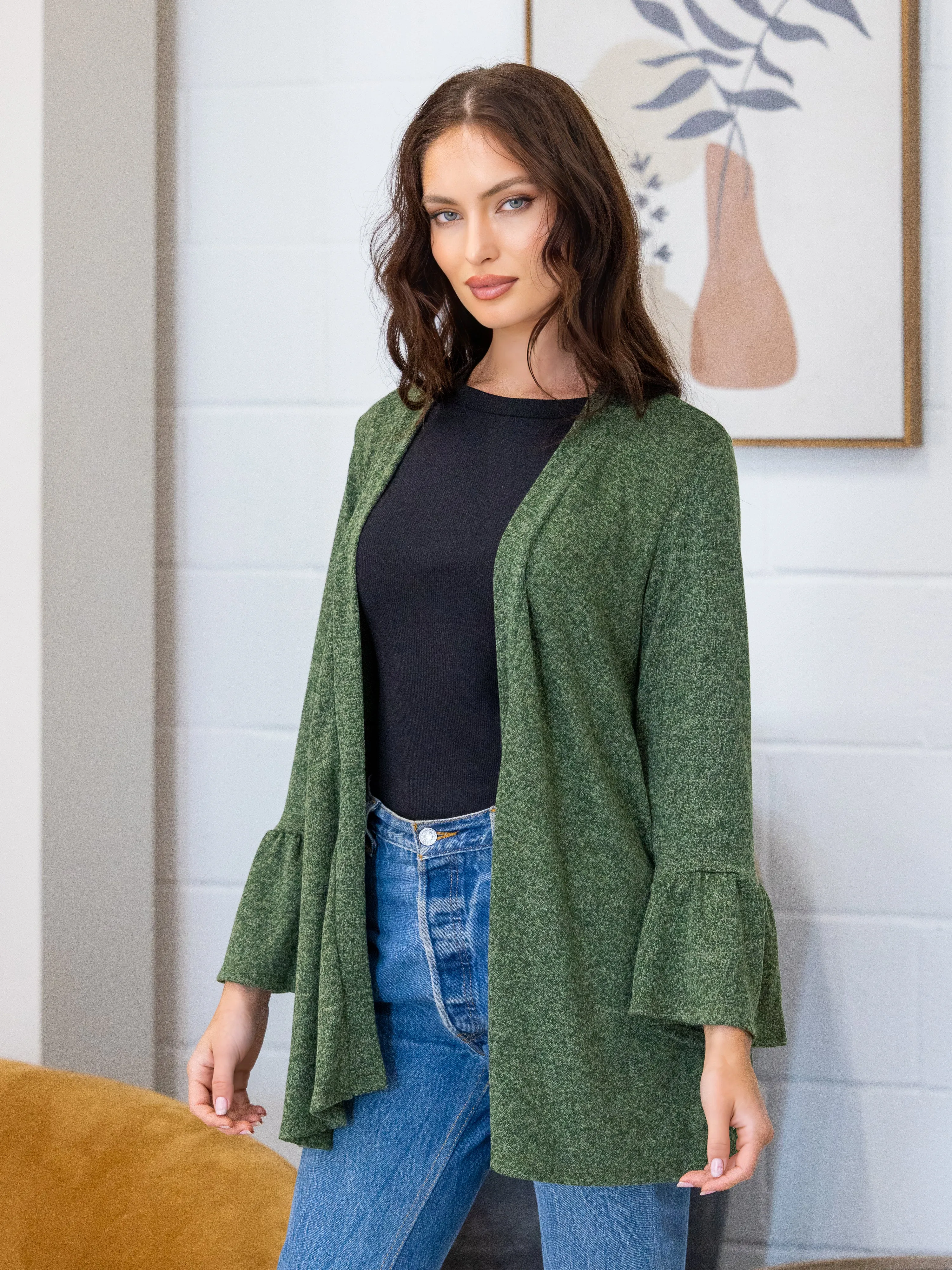 Womens Knit Bell Sleeve Open Cardigan