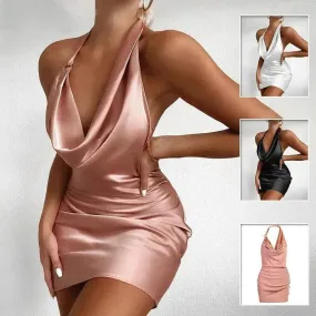 Women's Satin V Neck Backless No Sleeveless Summer Party Dress