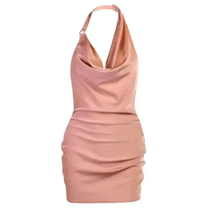 Women's Satin V Neck Backless No Sleeveless Summer Party Dress