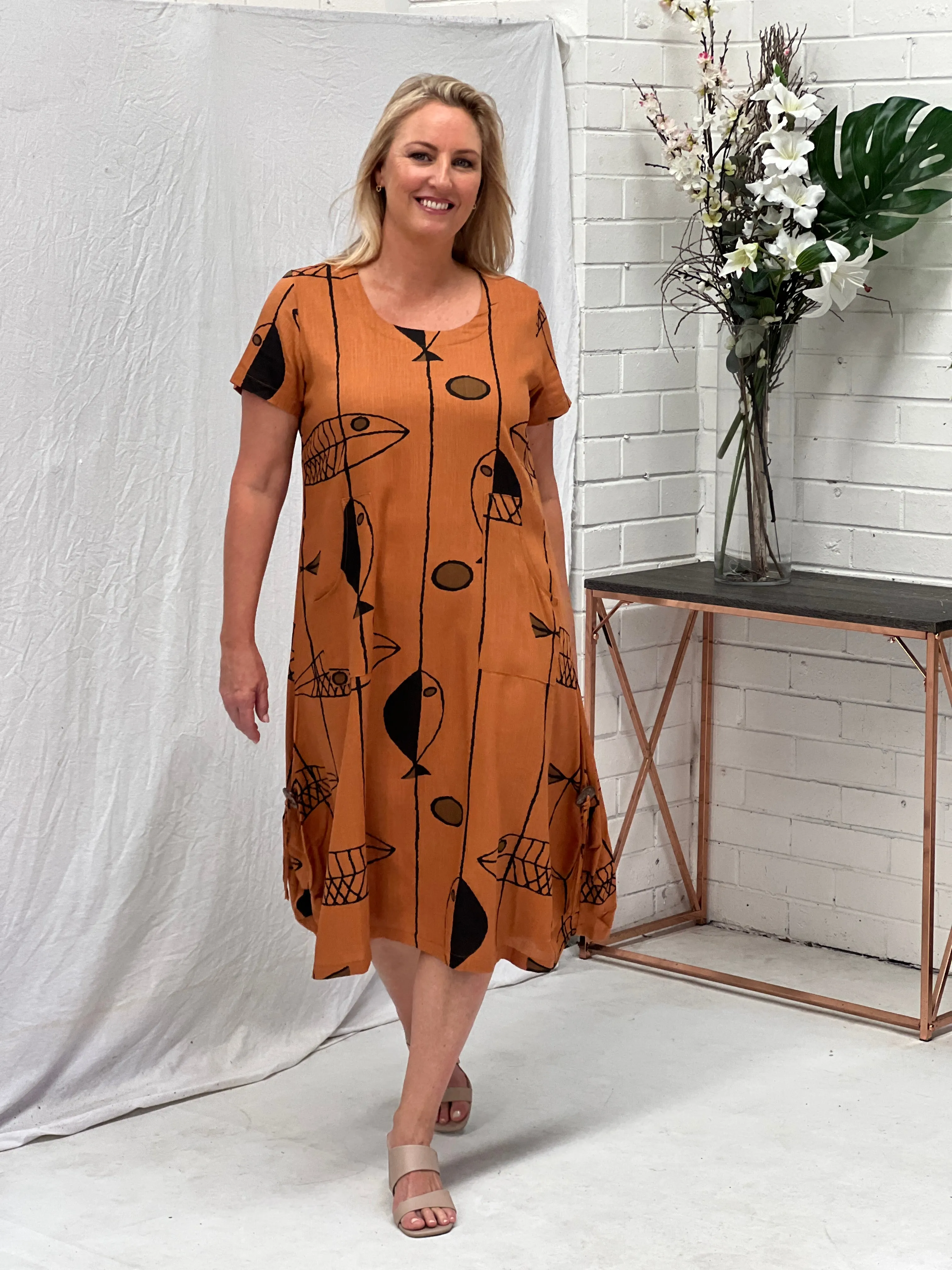 Wynn Abstract Rust Linen Dress