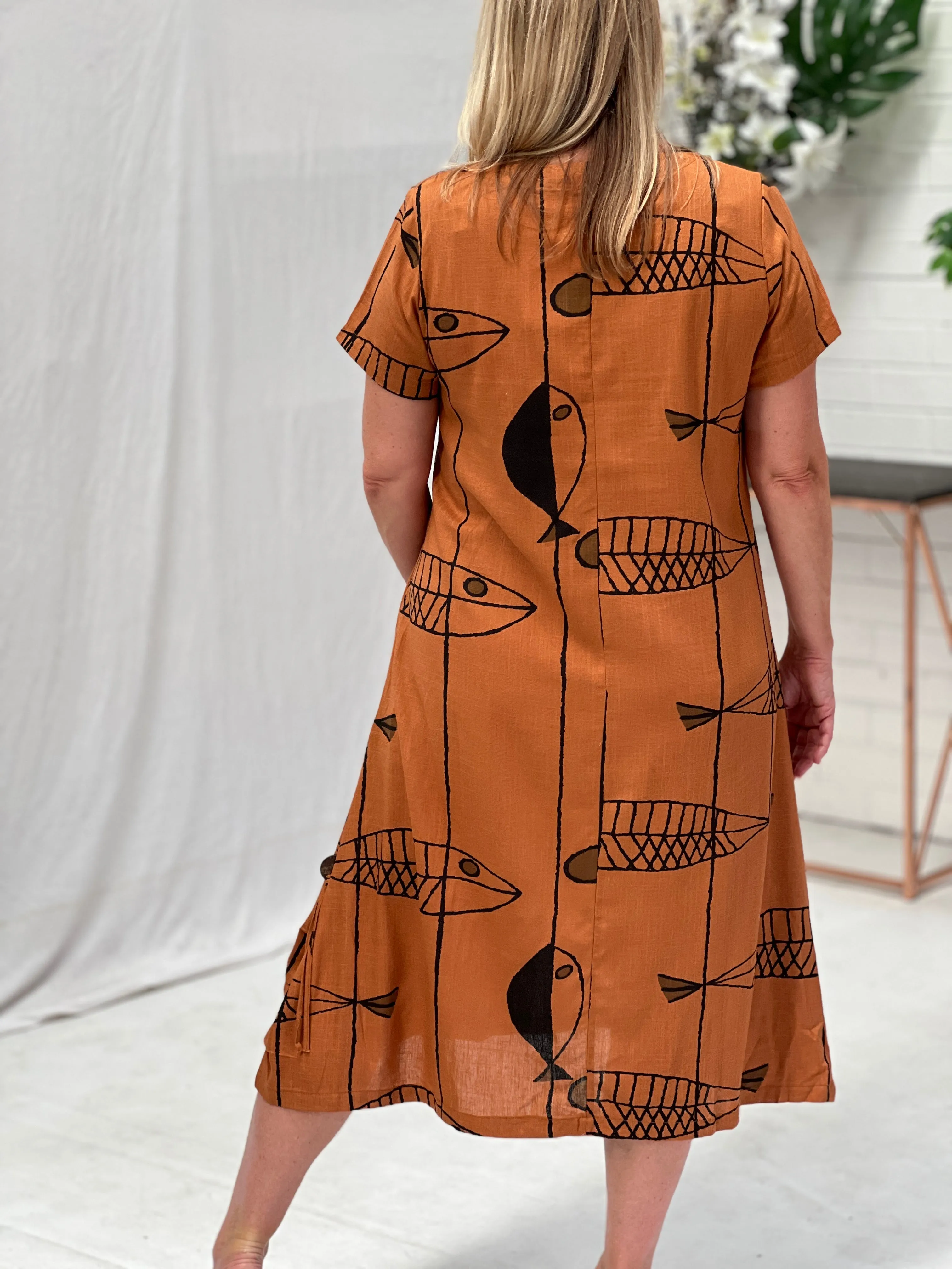 Wynn Abstract Rust Linen Dress