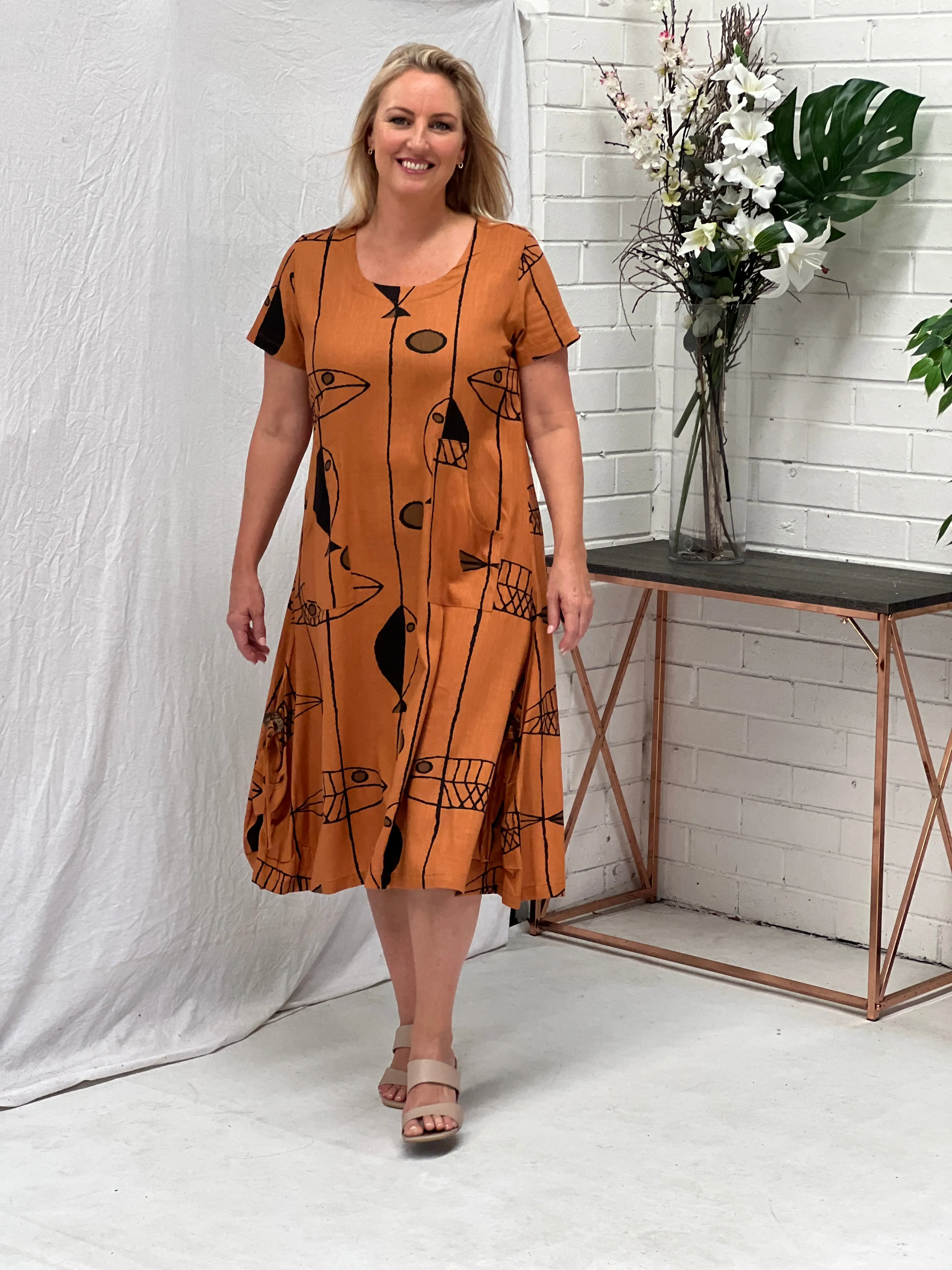 Wynn Abstract Rust Linen Dress