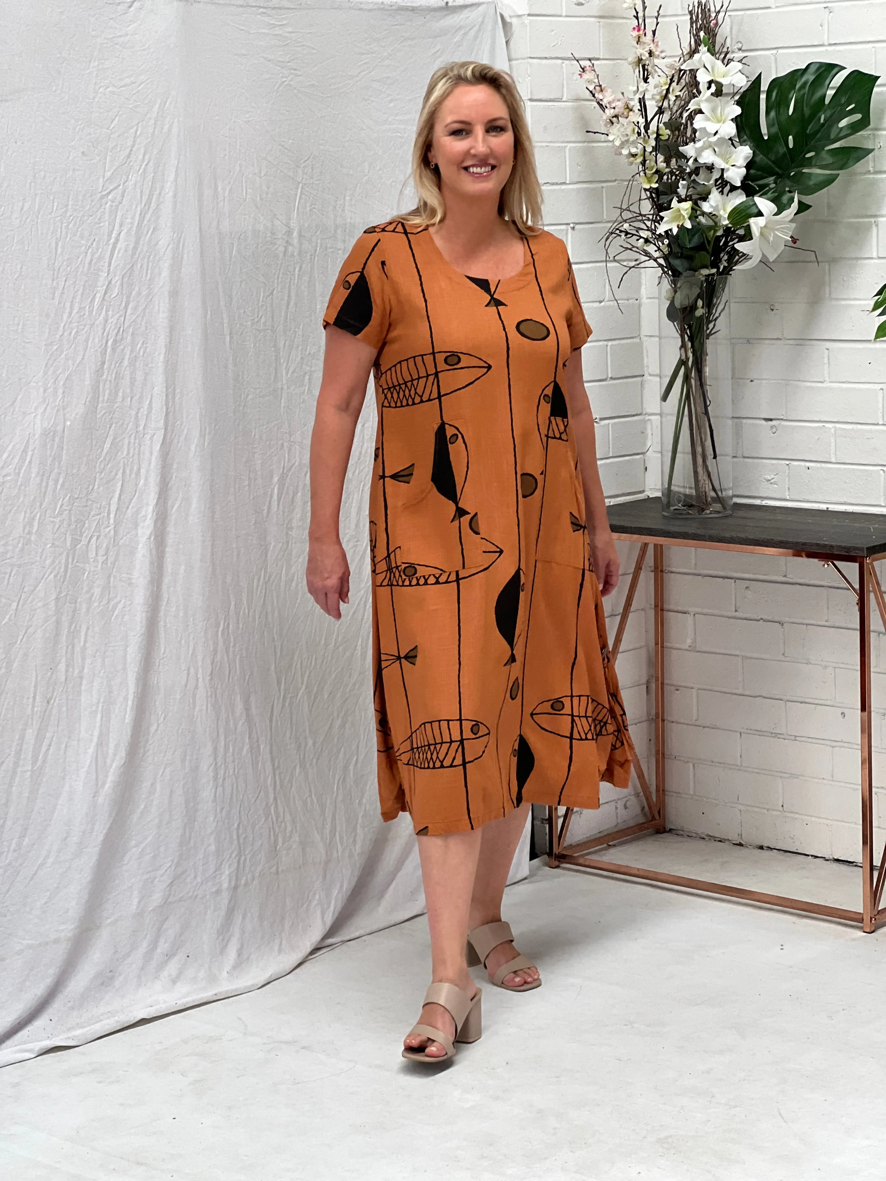 Wynn Abstract Rust Linen Dress