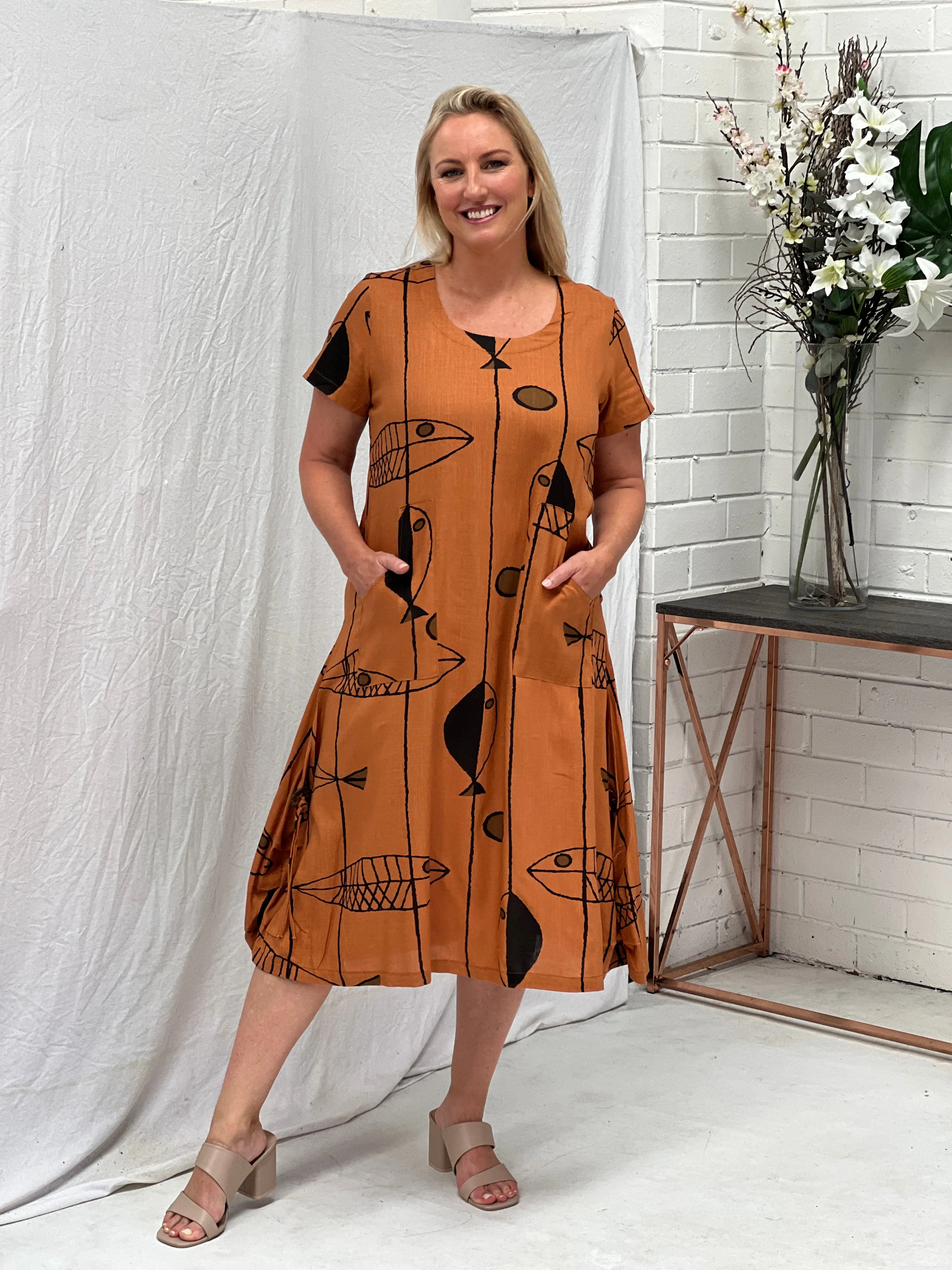 Wynn Abstract Rust Linen Dress