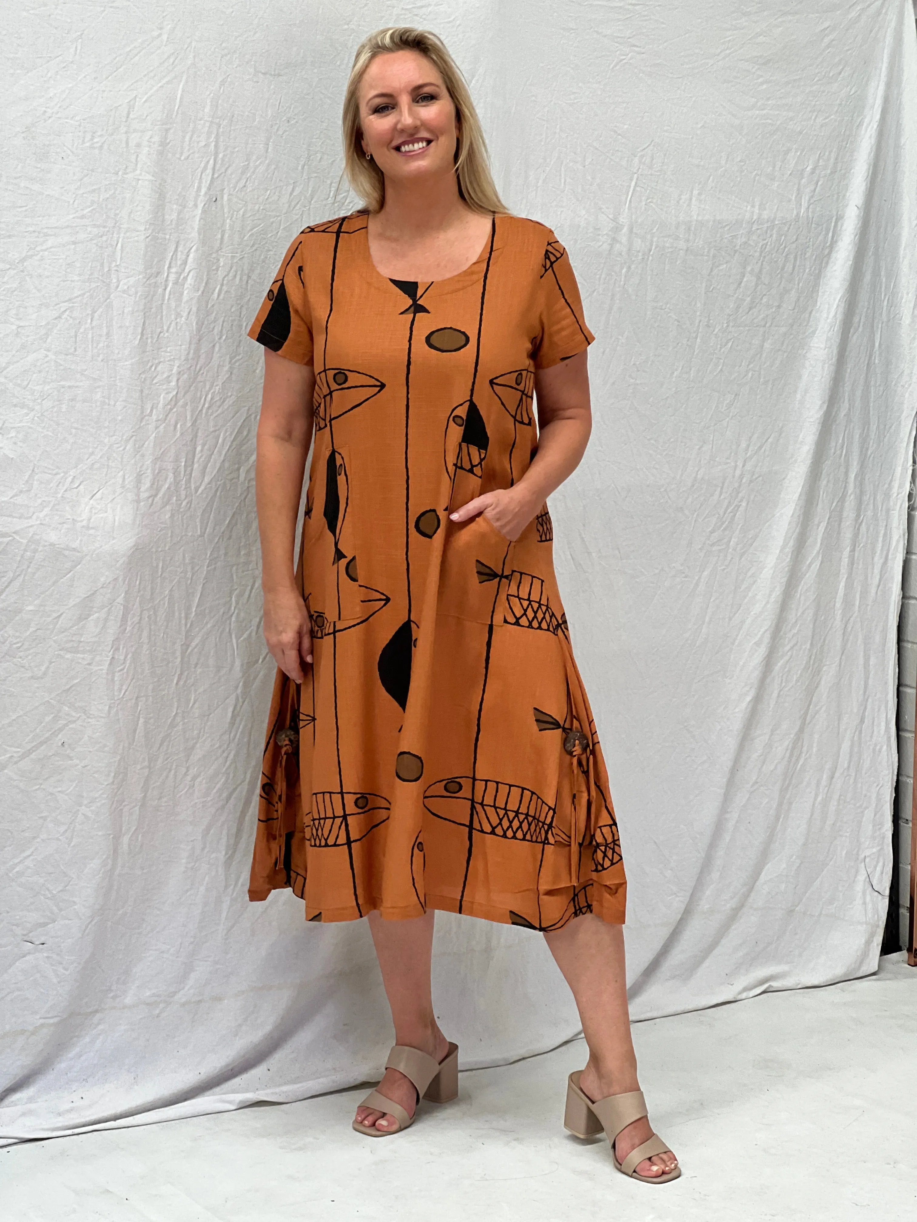 Wynn Abstract Rust Linen Dress