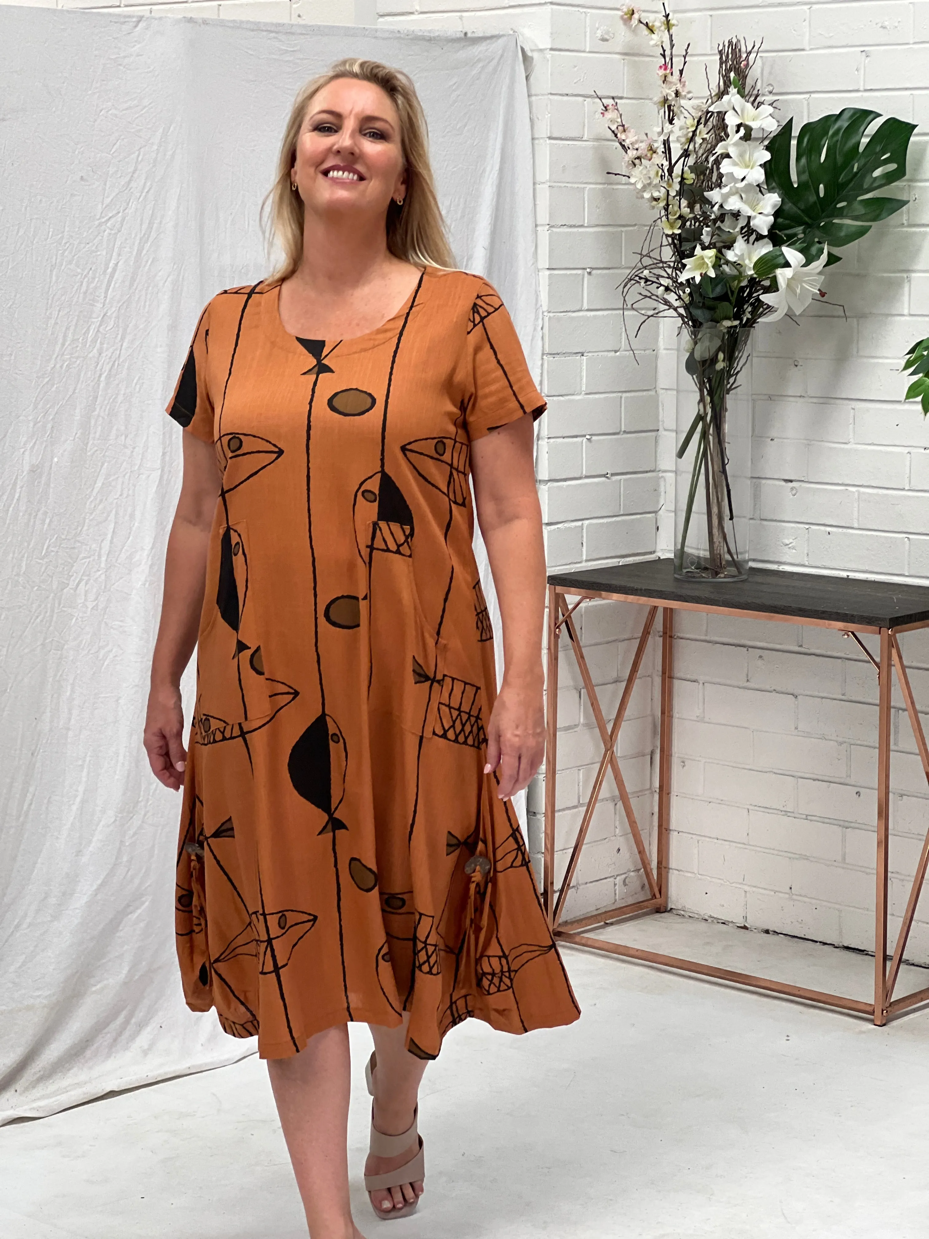 Wynn Abstract Rust Linen Dress