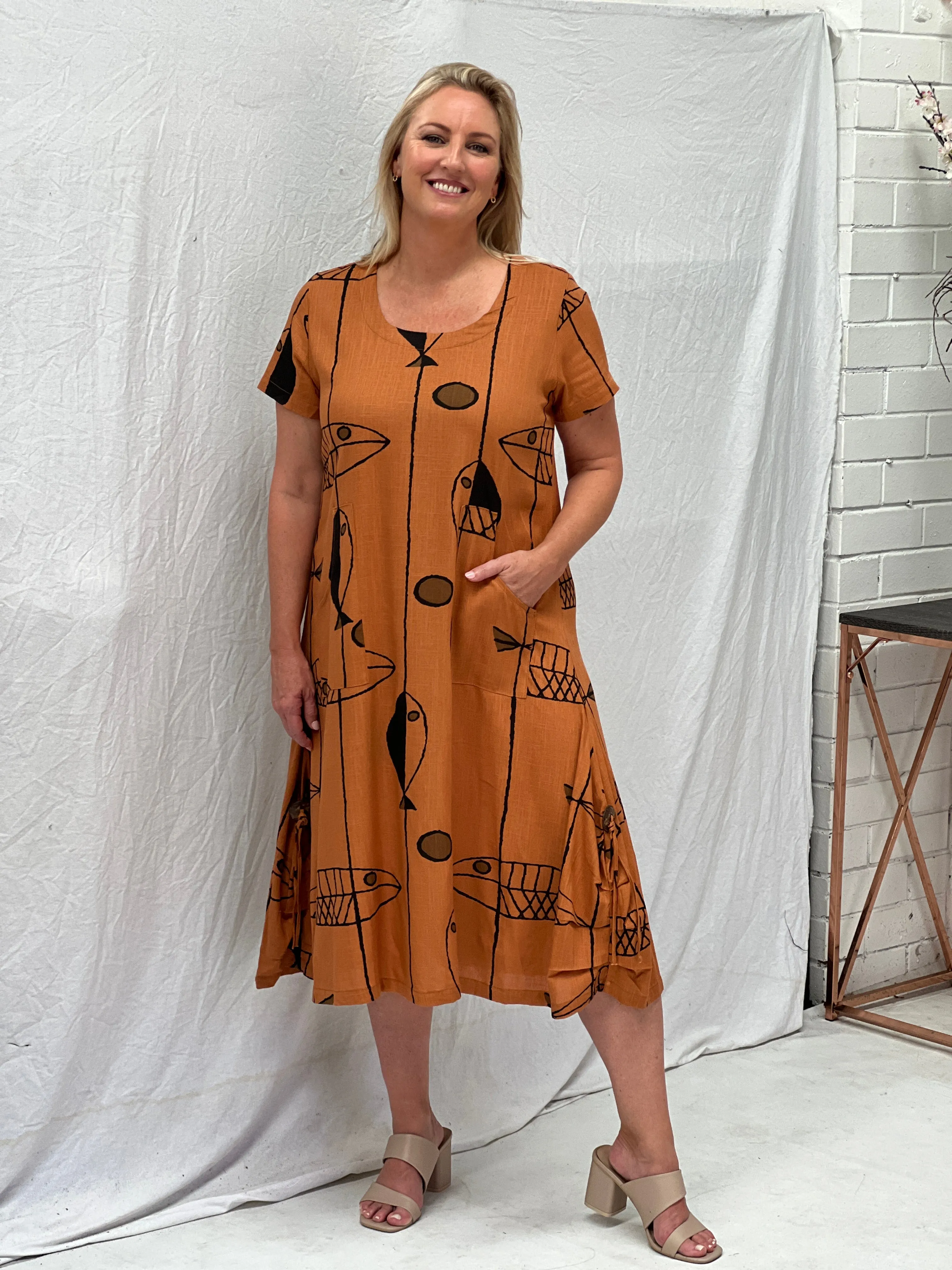 Wynn Abstract Rust Linen Dress