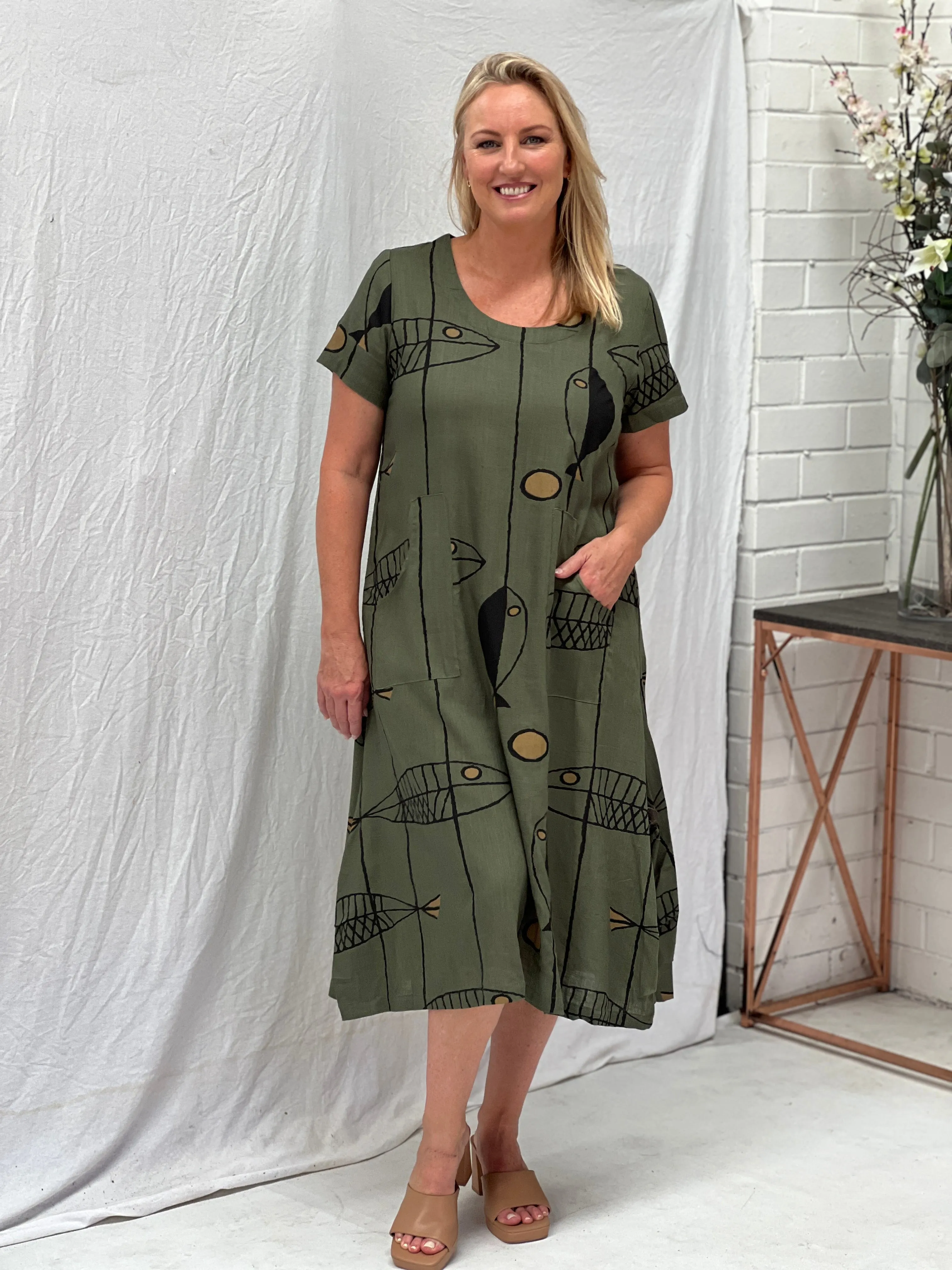 Wynn Fishbone Khaki Linen Dress