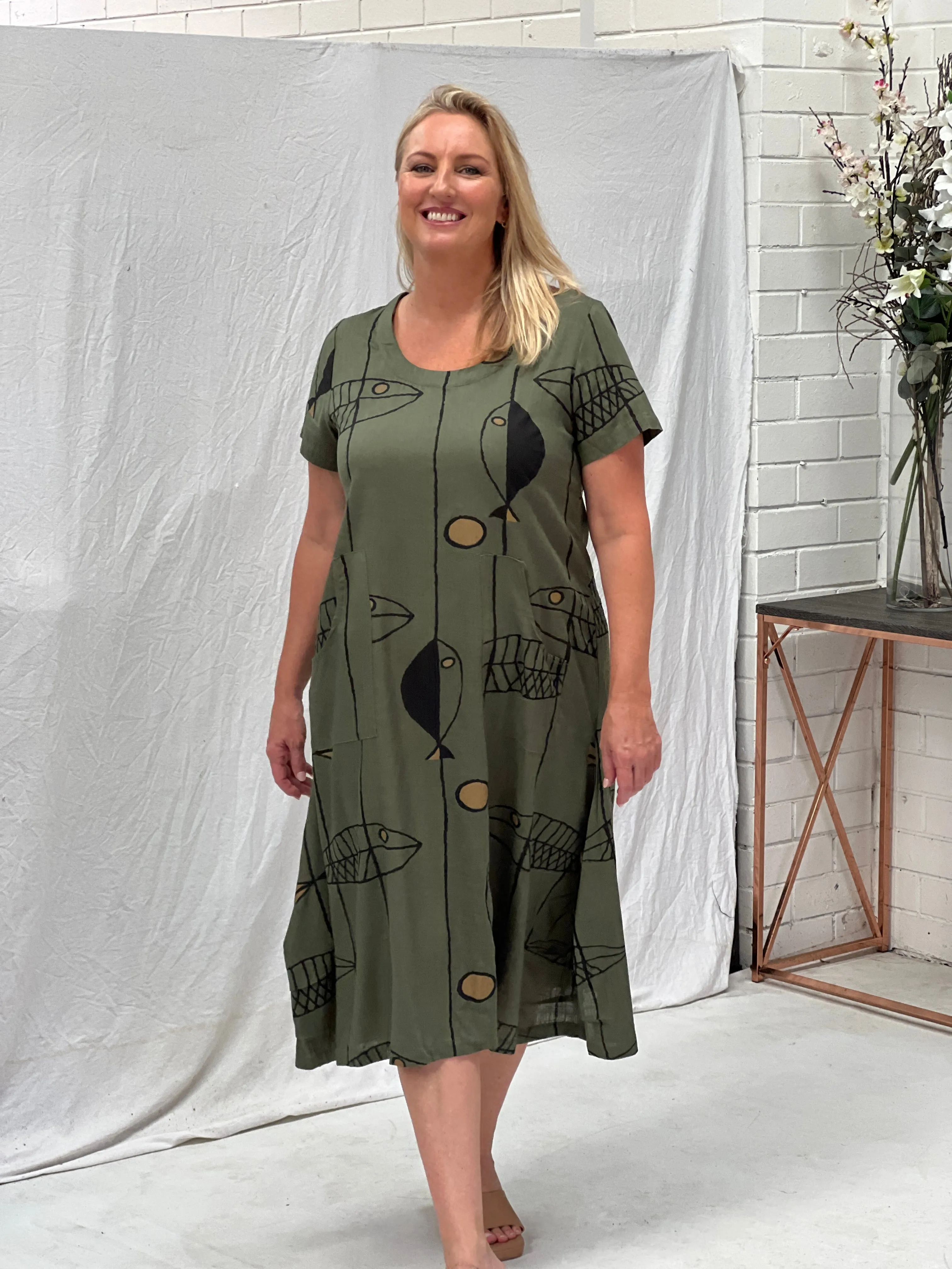 Wynn Fishbone Khaki Linen Dress