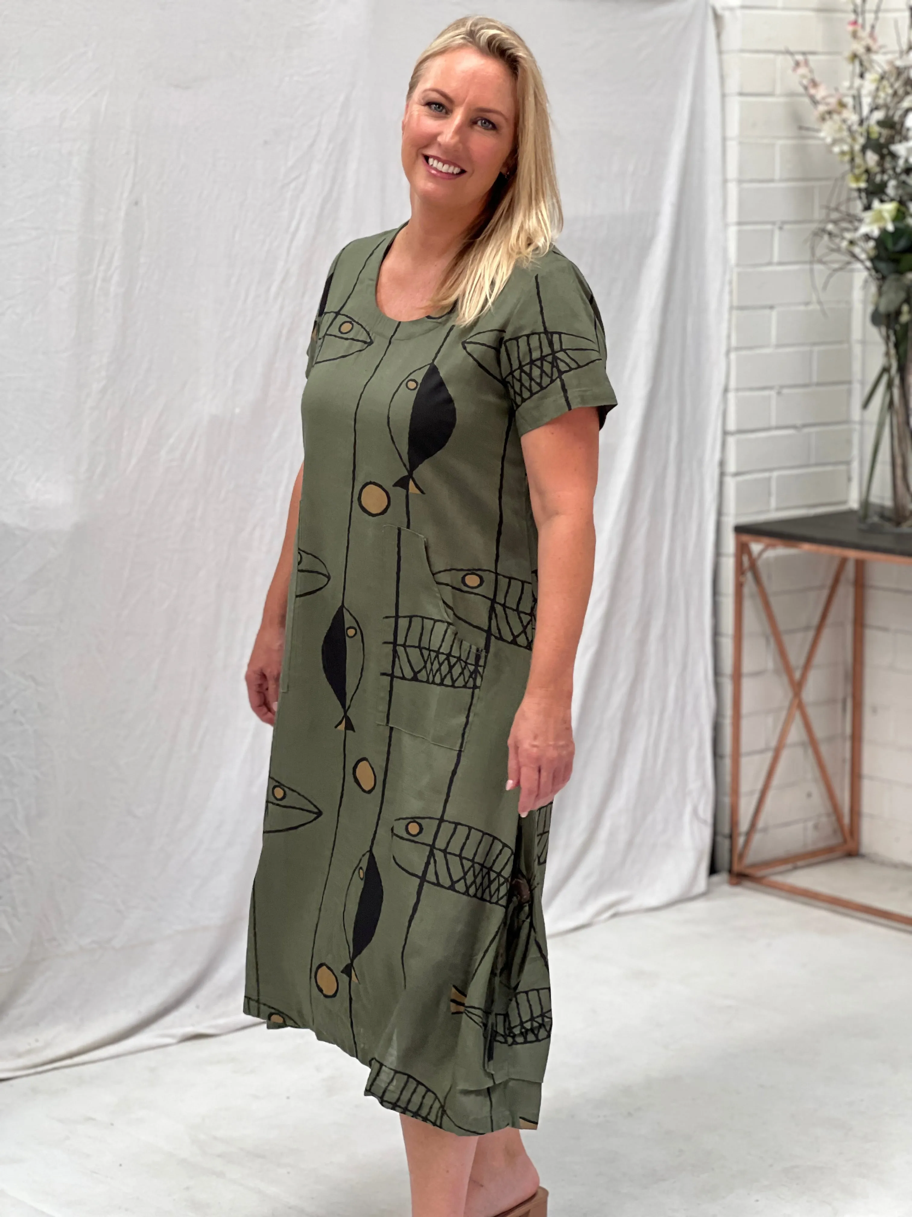 Wynn Fishbone Khaki Linen Dress