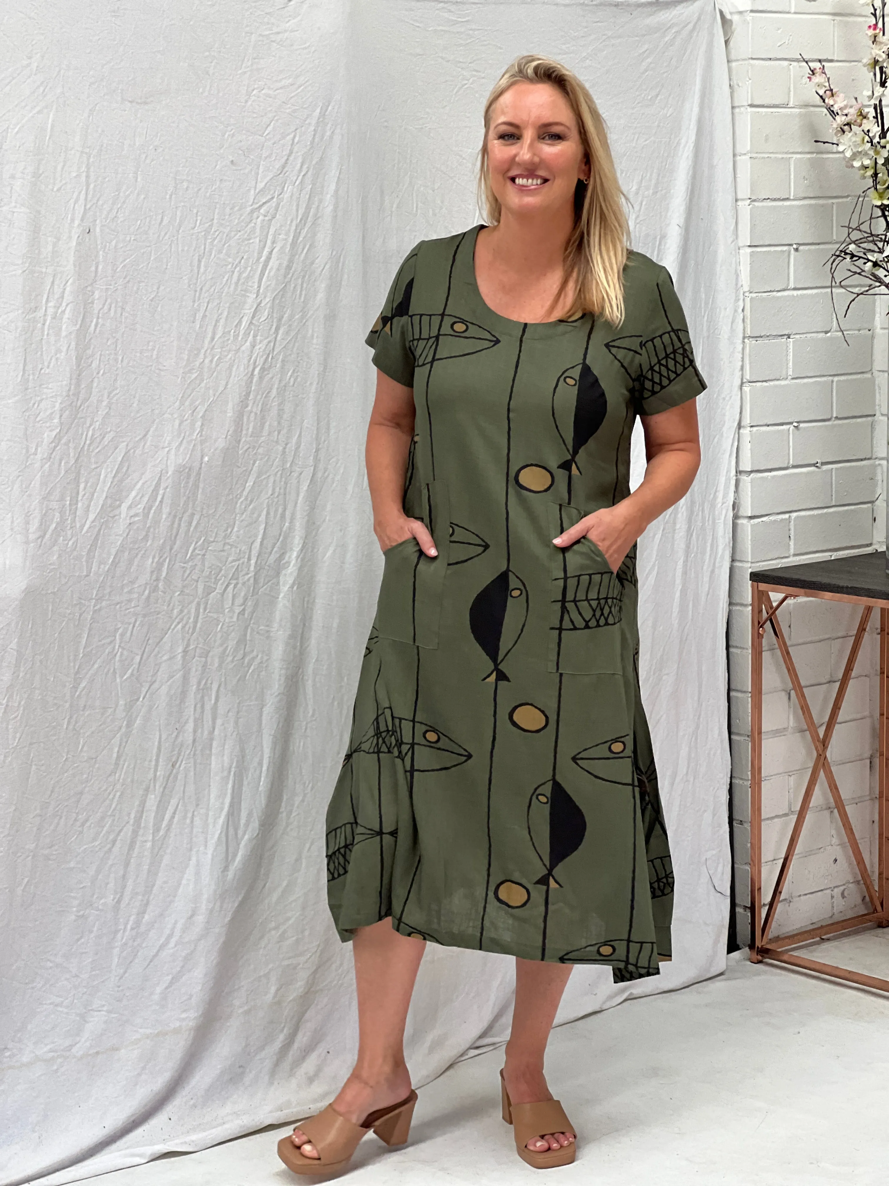 Wynn Fishbone Khaki Linen Dress