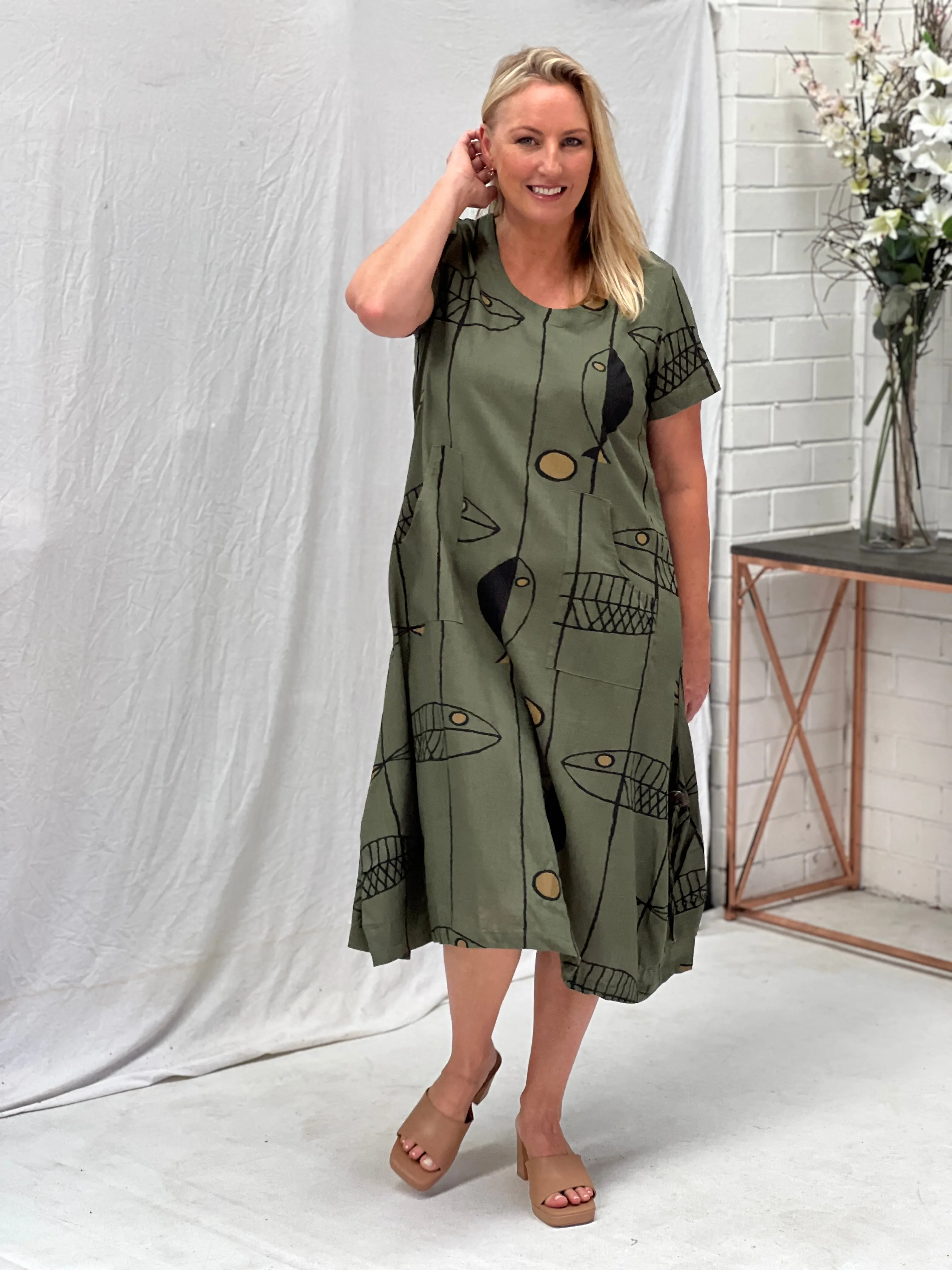 Wynn Fishbone Khaki Linen Dress